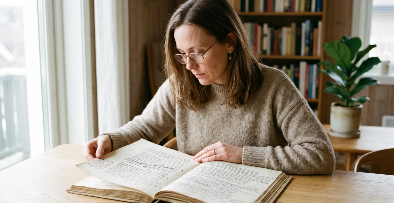 Femme d'une quarantaine d'années consultant attentivement un fac-similé de manuscrit ouvert sur une table de lecture à domicile