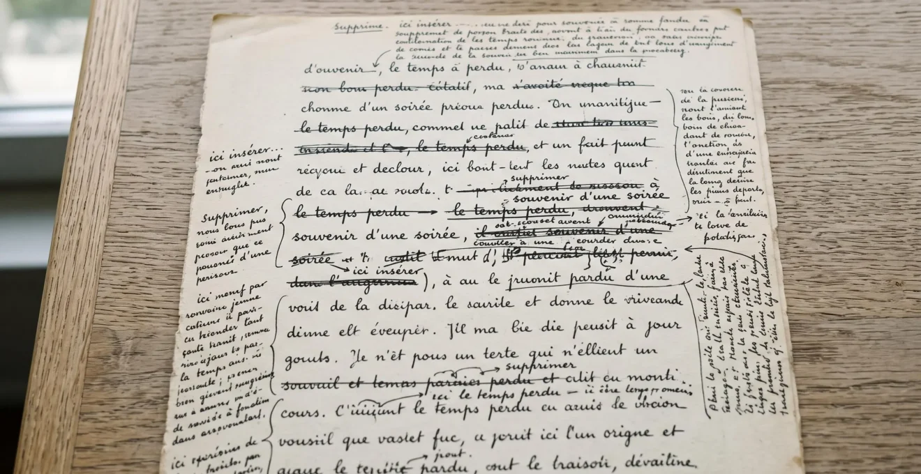 Gros plan sur une page de brouillon manuscrit du début XXe siècle couverte de ratures, biffures et corrections à l'encre
