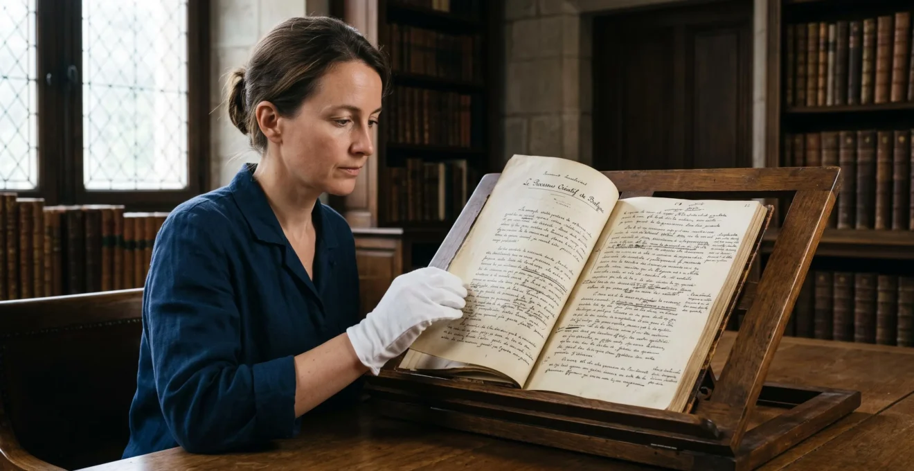 Main gantée de conservateur tournant la page d'un manuscrit littéraire ancien ouvert sur un lutrin, avec ratures et corrections à l'encre visibles sur le papier jauni