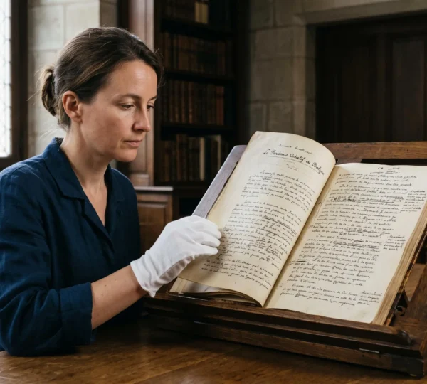 Main gantée de conservateur tournant la page d'un manuscrit littéraire ancien ouvert sur un lutrin, avec ratures et corrections à l'encre visibles sur le papier jauni